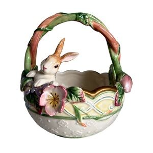 Fitz and Floyd Floral Bunny Basket - Green, Pink, Gold
